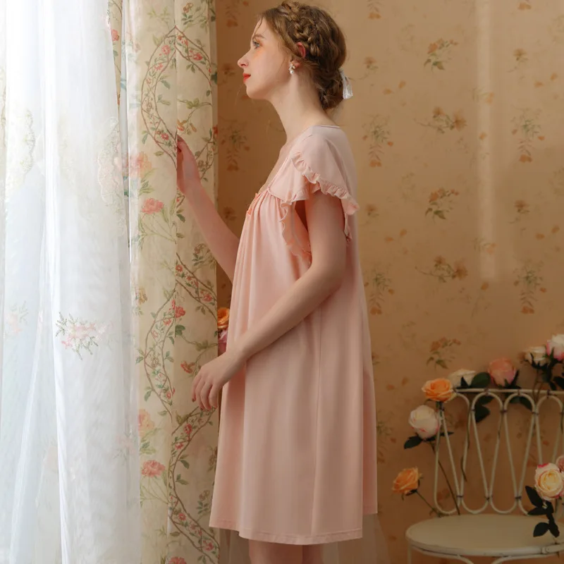 Roseheart Sumnmer New Women Homewear Pink Sexy Sleepwear Nightdress cottoon Nightwear Luxury Court Homewear Court Gown Nightgown