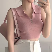 zipper crop top women tank tops slim thin knitted vest korean style summer sleeveless tanks womens clothing camisetas sin mangas