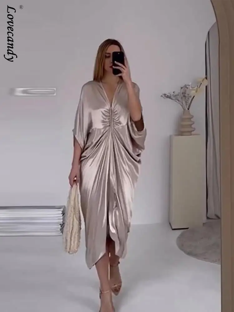 

Summer Paety Ruched Satin Pleated Long Dresses For Women 2023 New Drawstring Pleated Female Evening Party Dresses Vestisod