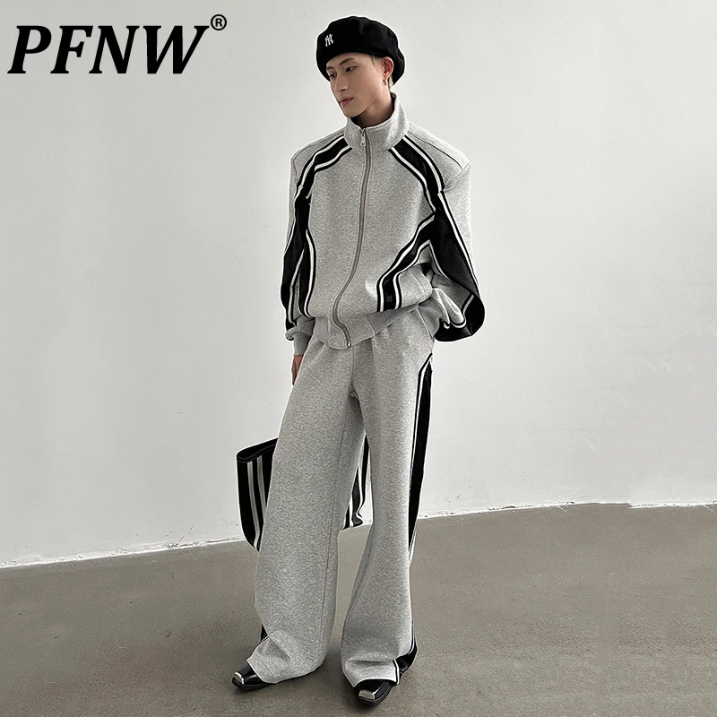 

PFNW Spring Autumn New Men's Color Contrasted Silhouette Loose Shoulder Pad Sweatershirt Sweatpants Stylish Casual Sets 28A1192