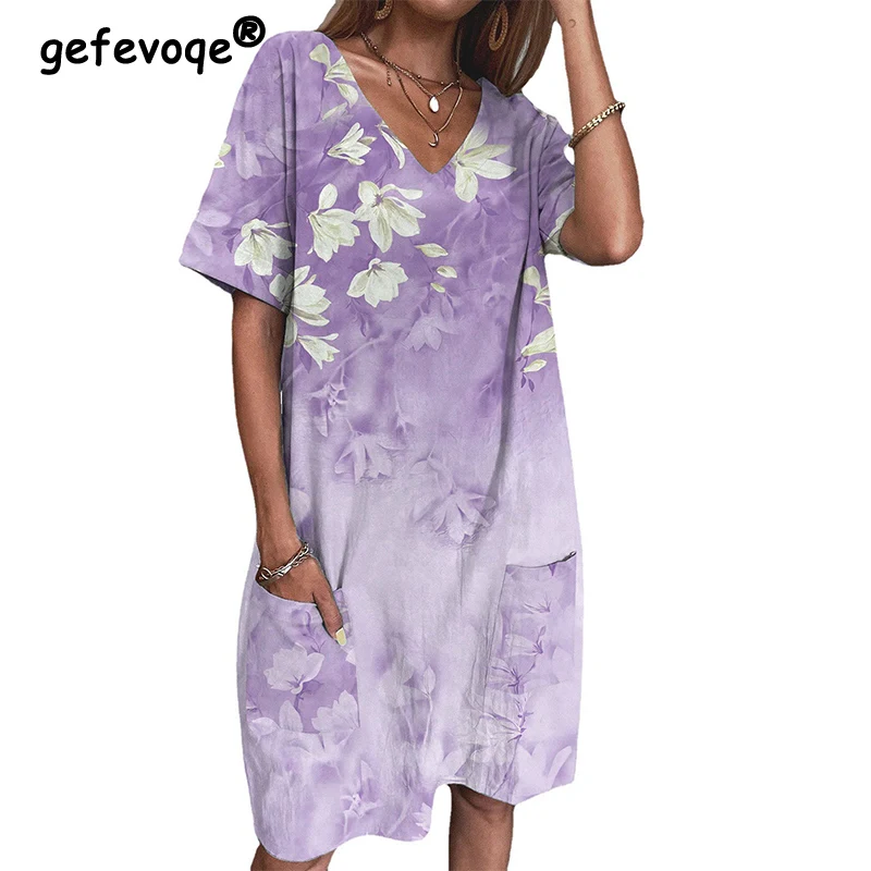 Женское платье-миди с цветочным принтом коротким рукавом и V-образным вырезом |