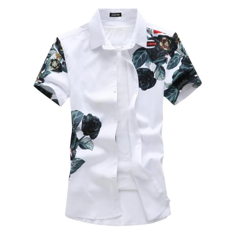 

Summer brand Original Rose Splash ink Printing Men's Casual Short-sleeved Shirts Mens Fashion White Shirt Dress