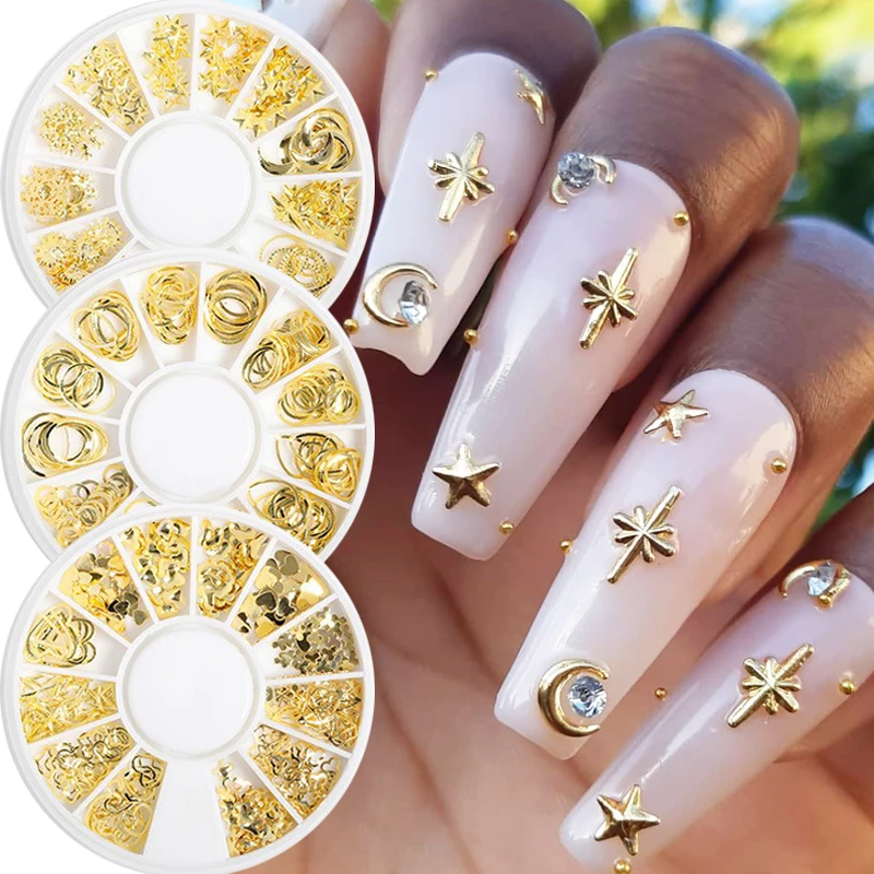 

12 Girds 3D DIY Metal Rivets Nail Studs Mixed Heart Frame Moon Star Gold Jewelry Tips Nail Art Manicure Accessories