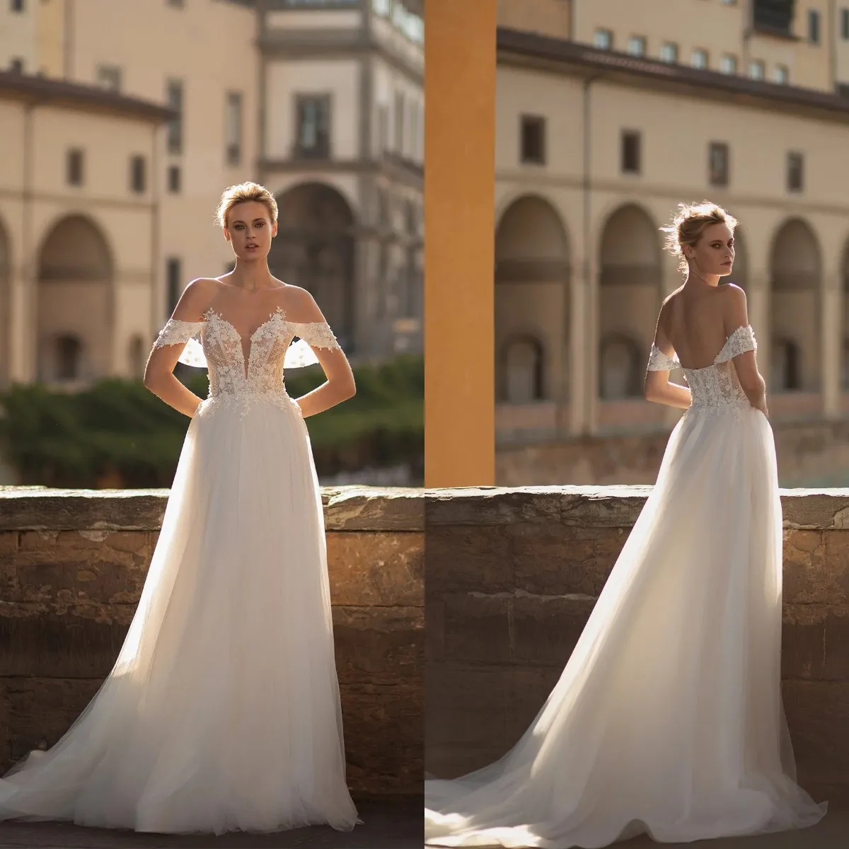 

Classic A-Line Wedding Dress Floral Appliqued Off Shoulder Sequined Princess Backless Bridal Gown Sweep Train Vestidos De Novia