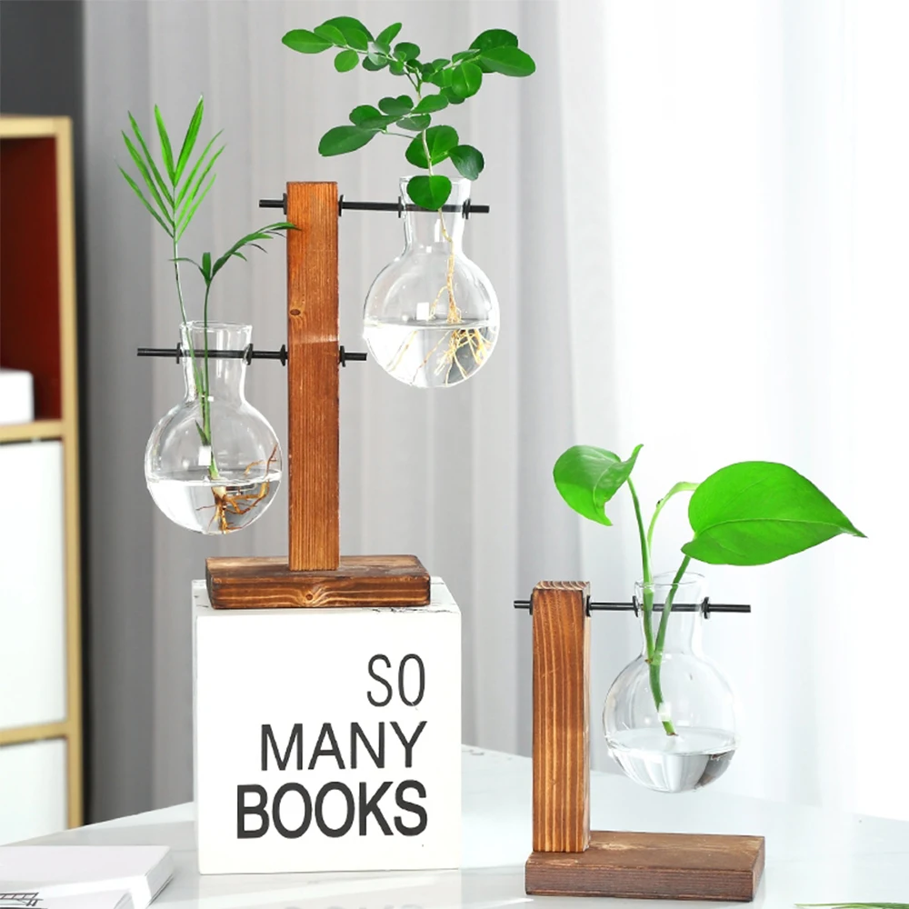 

Creative Transparent Hydroponic Plant Vase, Modern Home Decorations Vases, Wood Frame Design Home Living Room Desktop Decoration