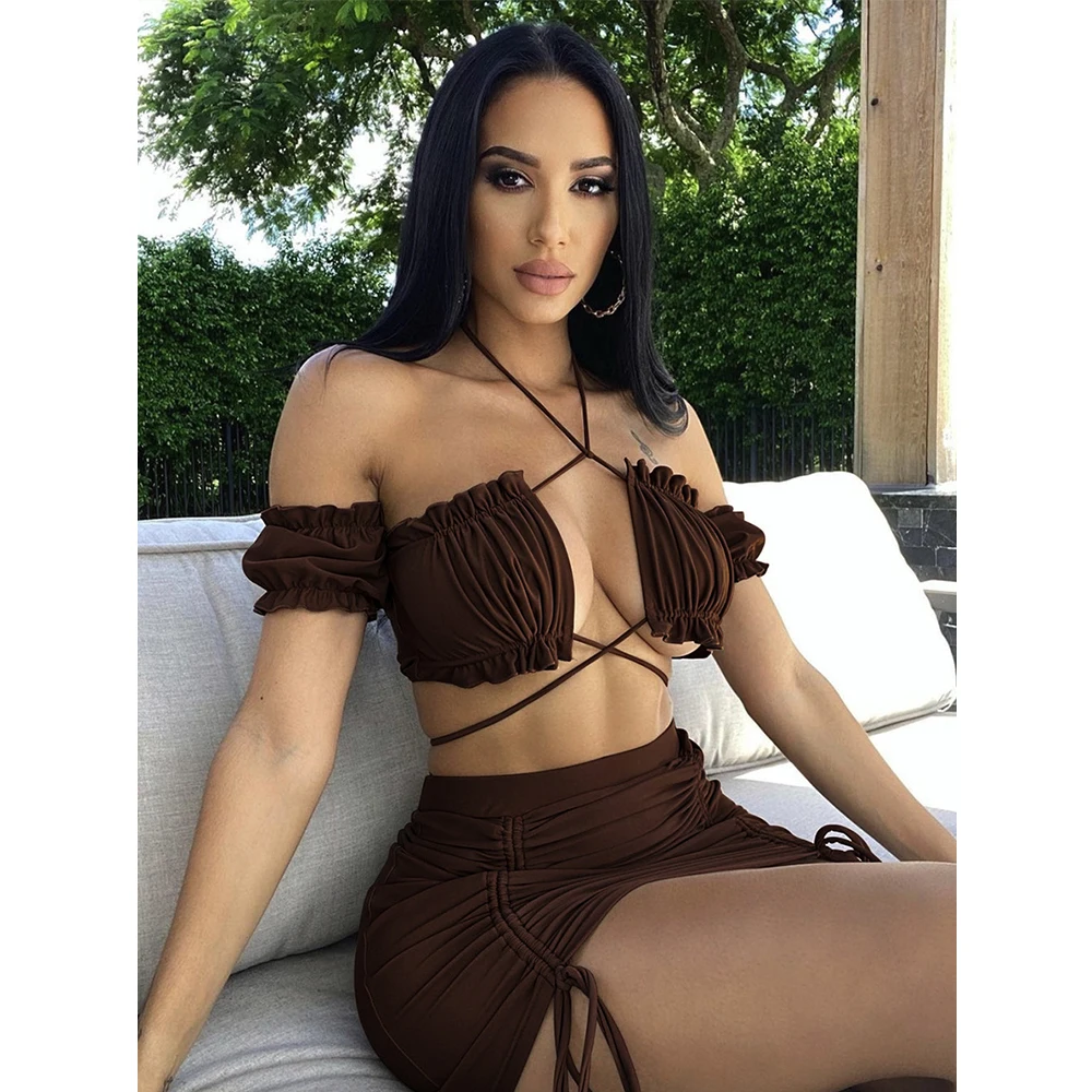 

Женские платья 2022, ажурные майки с коротким рукавом и открытой спиной, плиссированные бандажные юбки, сексуальный комплект из двух предметов, женская одежда