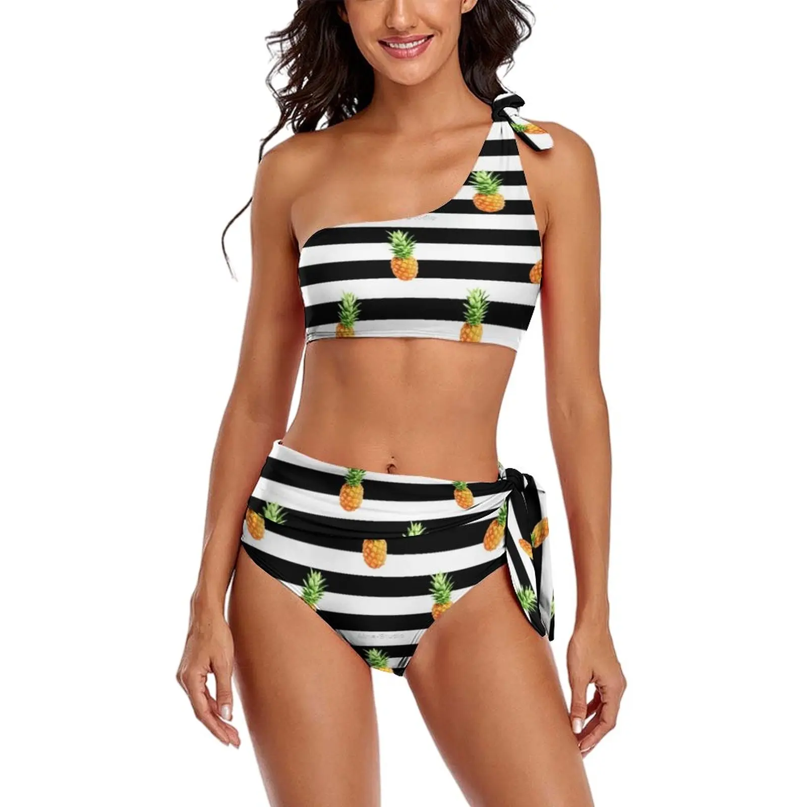 

Cute Pineapple Bikini Swimsuit Black Stripes Print High Waisted Swimwear Sexy Custom Bikinis Set Push Up Swimsuits Biquinis Gift