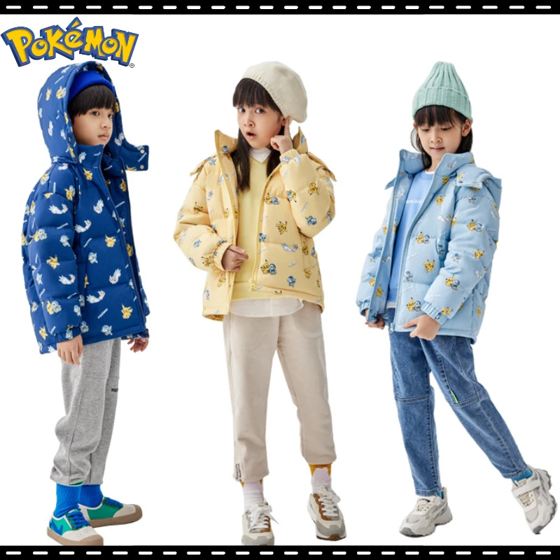 

Anime Peripherals Pokemon Pikachu Kids Clothes Down Jackets New Short Boys Girls Prints Hooded Clothes Winter Coats Gifts