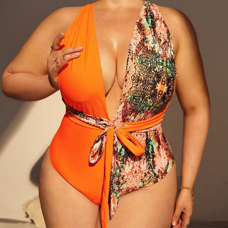 

Plus Size Swimwear Women 2022 One Piece Swimsuit Serpentine Female Swimming Push Up Monokini Sexy V-neck Swimwear