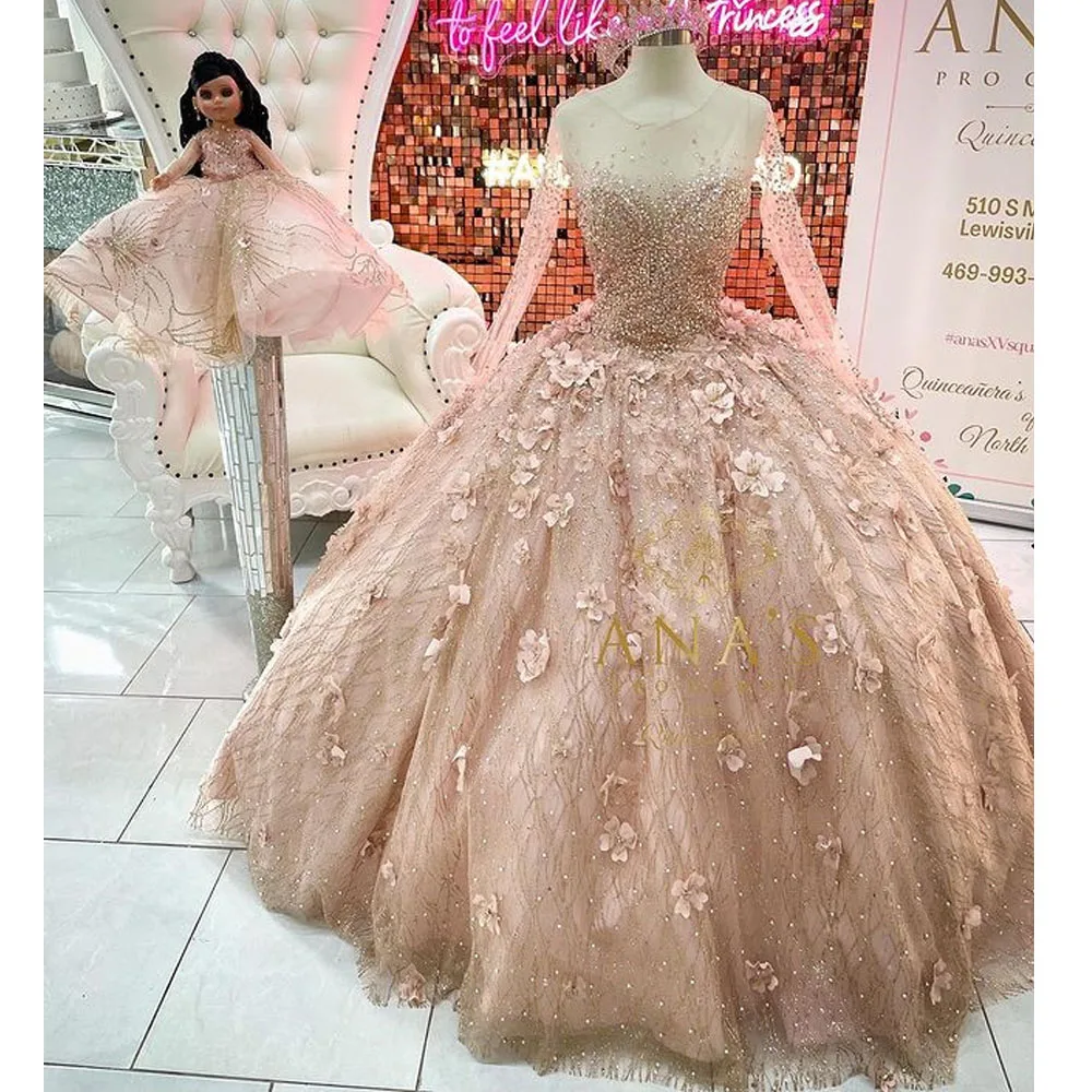 

Rose Gold Quinceanera Dresses Appliques Long Sleeves Flower Sweet 15 16 Years Birthday Party Prom Dress Pageant Miss Gala