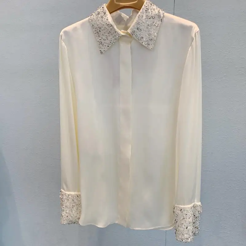 

Luxury Brand New Collar Cuffs Diamond-Studded Lapel Long-Sleeved Blouses Lazy Casual Eleagnt White Shirt Tops Women New Blouses