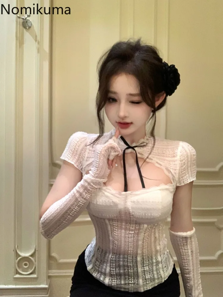 Женская кружевная блузка с бантом коротким рукавом Просвечивающая в Корейском