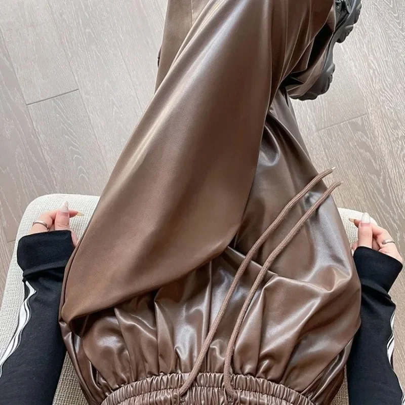 Брюки-Багги женские из ПУ кожи Свободные повседневные штаны в стиле Харадзюку