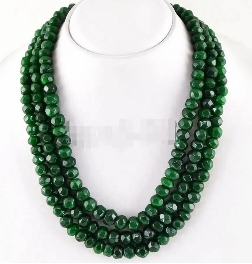 

3Rows Natural 5x8mm Green Emerald Faceted Gemstone Beads Necklace 17-19'' AAA