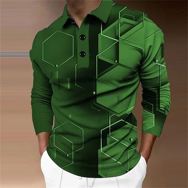 

Рубашка-поло мужская с длинным рукавом, уличная Удобная рубашка для гольфа, с геометрическим принтом, с отложным воротником и длинными рукавами, уличная одежда