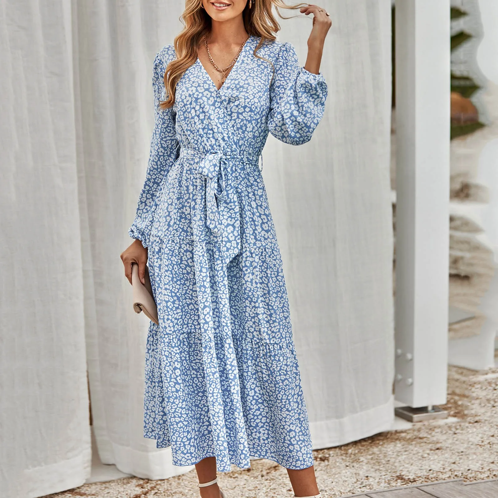 

Women's Long Sleeve Casual Waist Bound Printed Dress