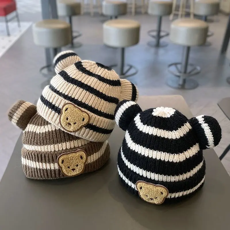 

Cartoon Stripe Bear Baby Beanie Cap Cute Ears Infant Knitted Hat Korean Winter Warm Kids Crochet Hats Toddler Girls Boys Bonnet