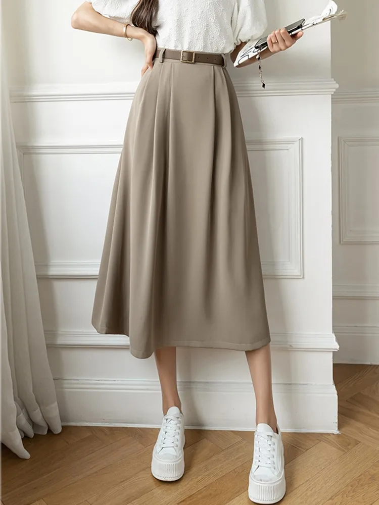 

High Waist Casual Women New Arrival 2022 Fashion Korean Style Solid Color All-match Ladies Elegant A-line Long Skirt W1082