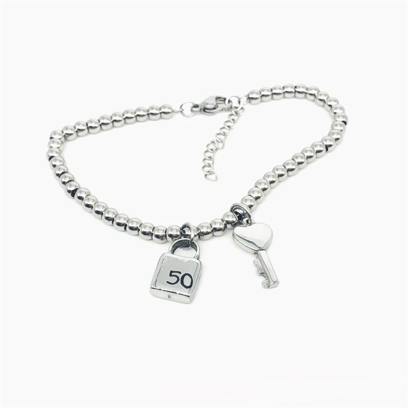 

Fashion 6mm Stainless Steel Heart Lock Key Brand Pendant Bracelet Beads Chain UNO Jewelry For Women Men