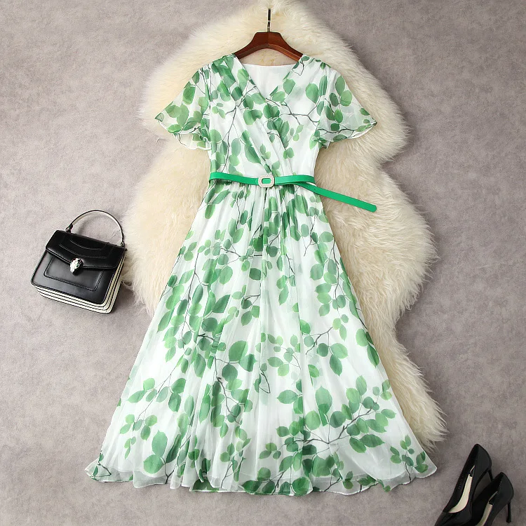 European and American women's wear spring 2022 new Short sleeve v-neck leaf print green belt Fashionable pleated dress