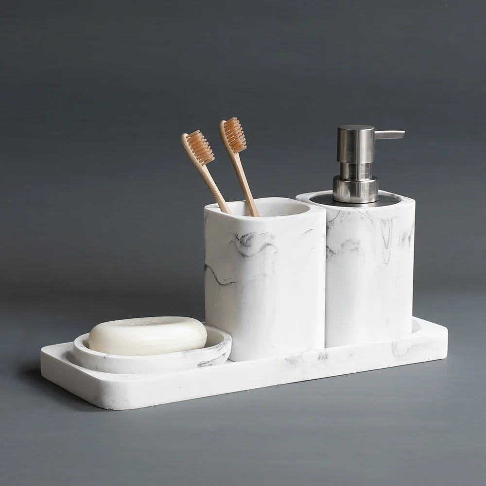 

Bathroom Accessories set Imitation White marble Soap Dispenser Cotton swab box Mouthwash Cup Tumbler and Tray