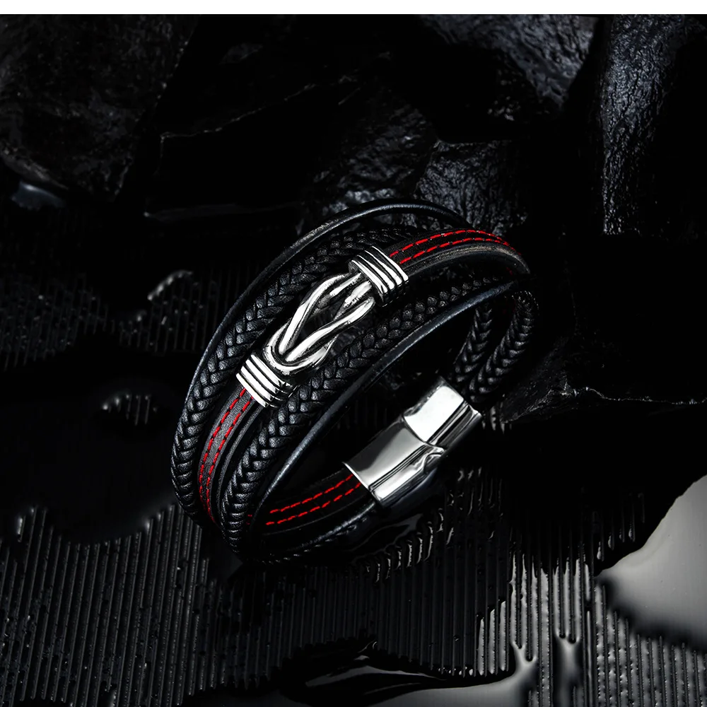 Мужской кожаный браслет с магнитной застежкой из нержавеющей стали | Украшения и