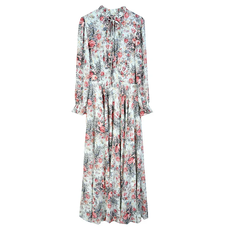 Muslim Spring Autumn Floral Chiffon Ruffled Collar Maxi Dress Women Chic Casual Beach Dresses 2023  muslim long dress women