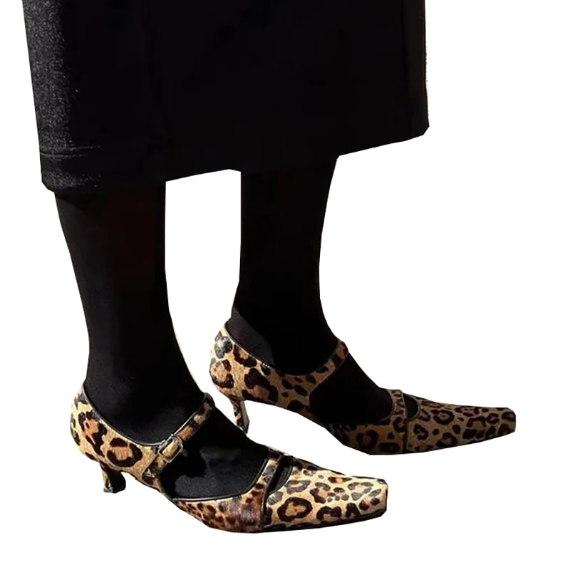 Leopard Print Pumps Womens Square Toe Designer Mary Jane High Heel Shoes Ladies Sandalias Para Mujer 2022