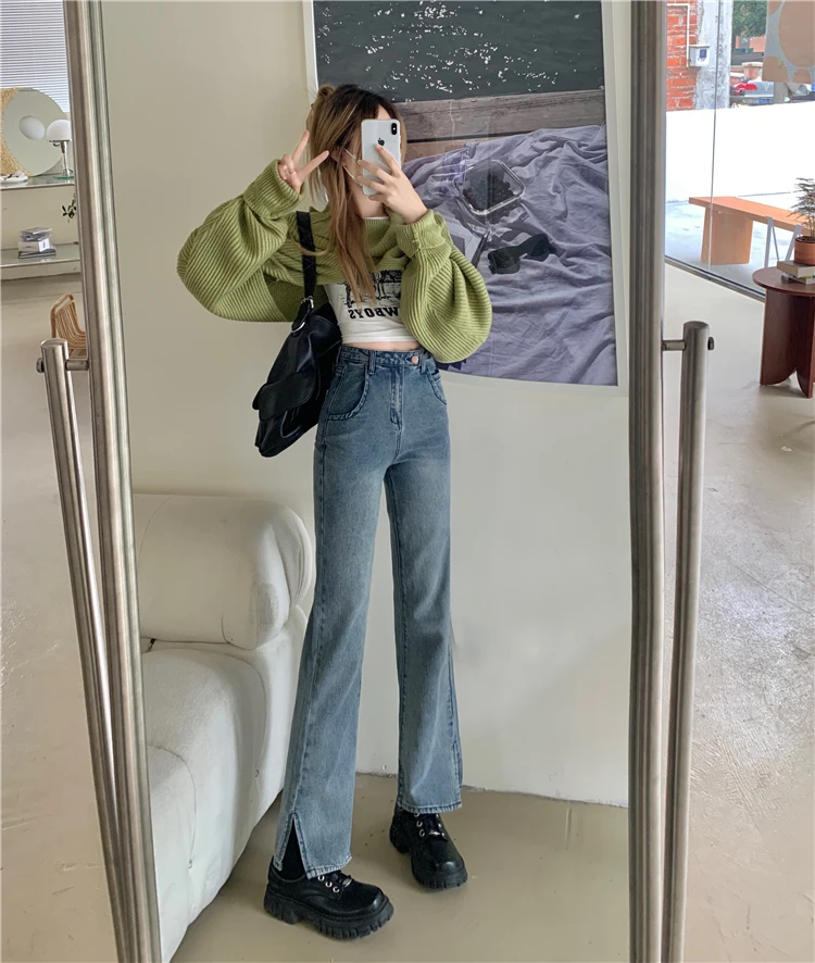 N0781    Slit jeans women's spring 2022 new high waist small straight loose wide leg pants jeans