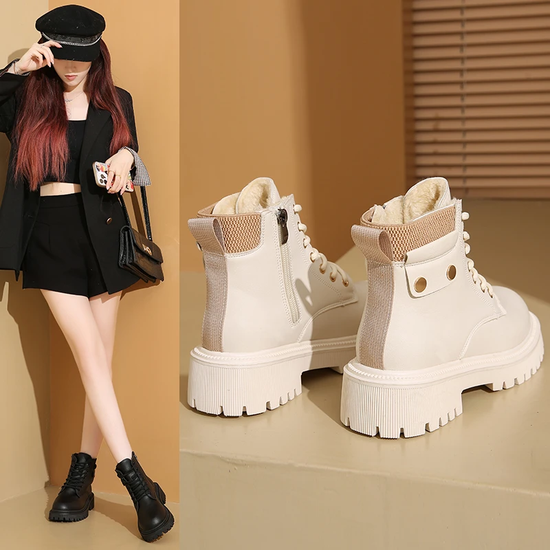 Лидер продаж ботинки на платформе 2024 зимние теплые женские ботильоны корейская