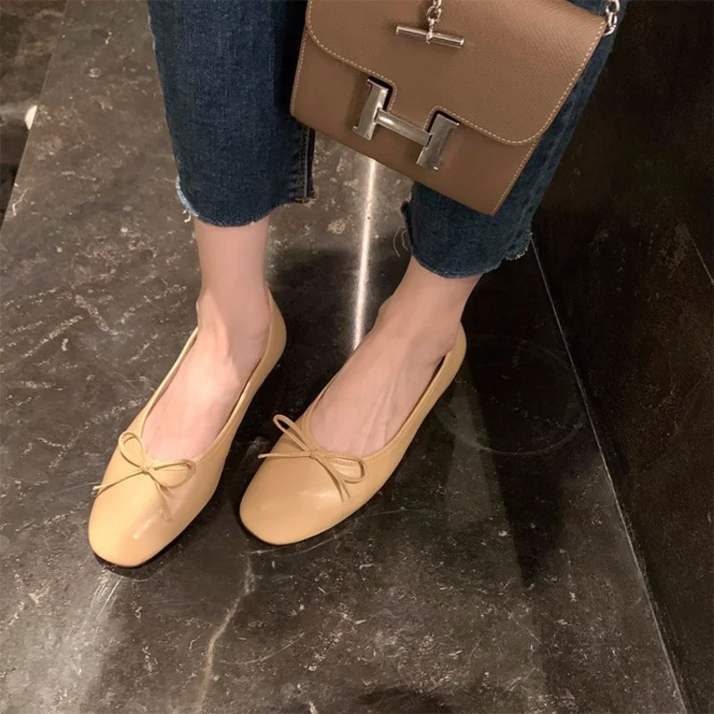 French Round Head Style Shallow Mouth Spring and Autumn Flat Bottom Bow Ballet Dance Girl Single Shoe