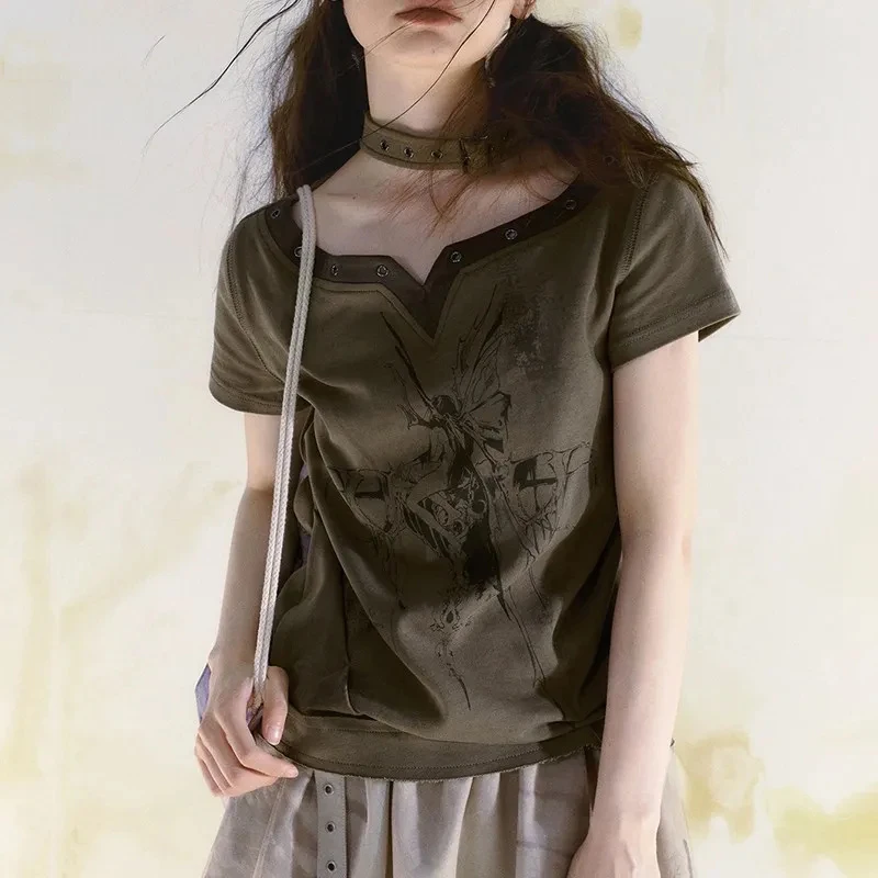 

Wasteland Punk Style Tee Shirt Harajuku Gothic Streetwear Alt Vintage Grunge Aesthetics T-shirt Vintage Patchwork Halter Tops