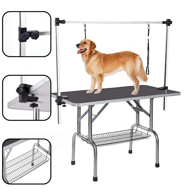 

[Flash Deal]NEW HIGH QUALITY FOLDING PET GROOMING TABLE STAINLESS LEGS AND ARMS BLACK RUBBER TOP STORAGE BASKET METAL FRAME