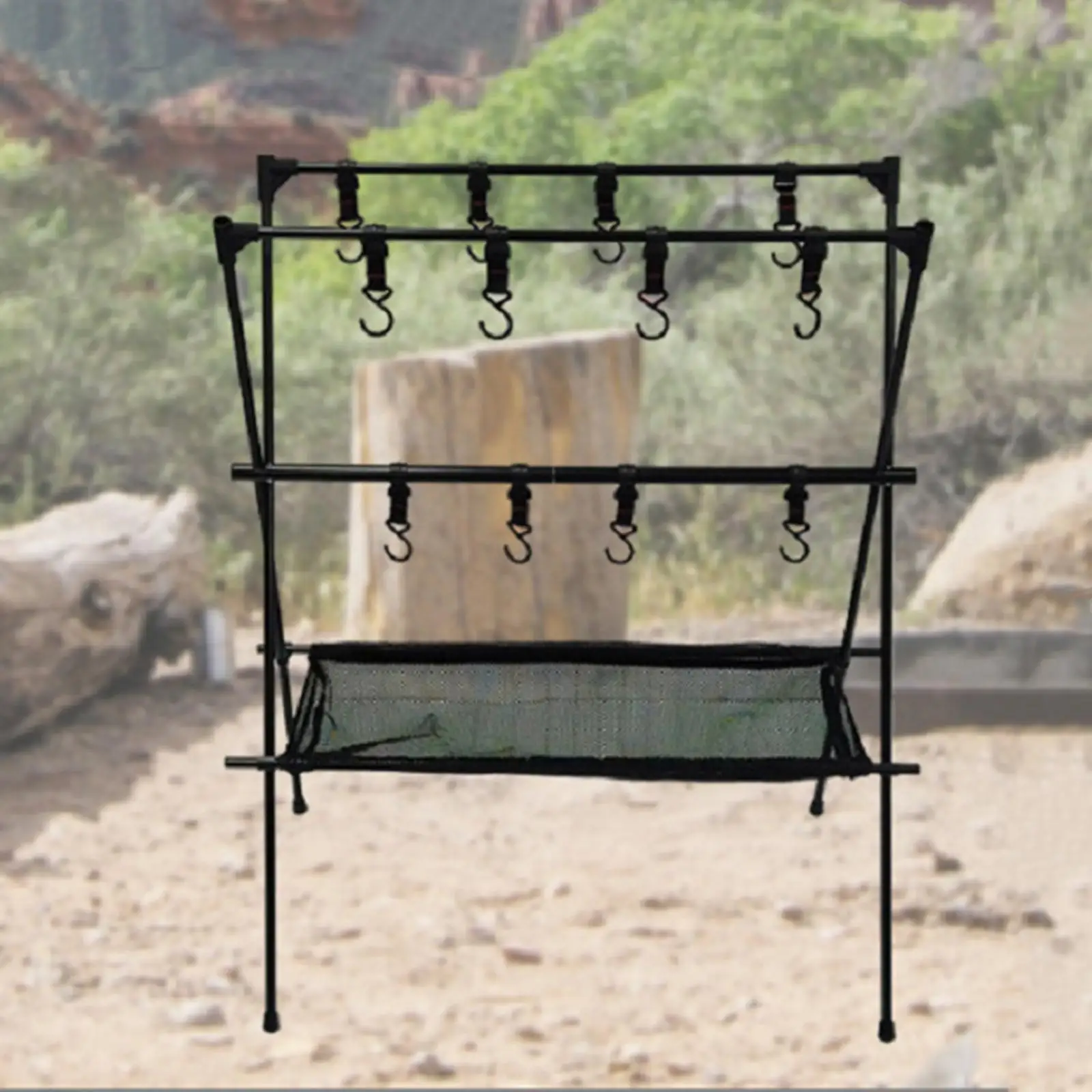 

Collapsible Camping Hanging Rack with Storage Bag Basket Clothes Drying Assembly