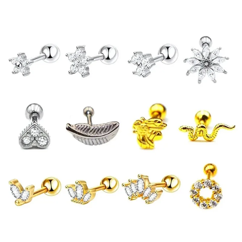 

Flower Heart CZ Zircon Ear Stud Bee Snake Feather Cartilaged Tragus Conch Rook Lobe Earrings Helix Thread Piercing 16G