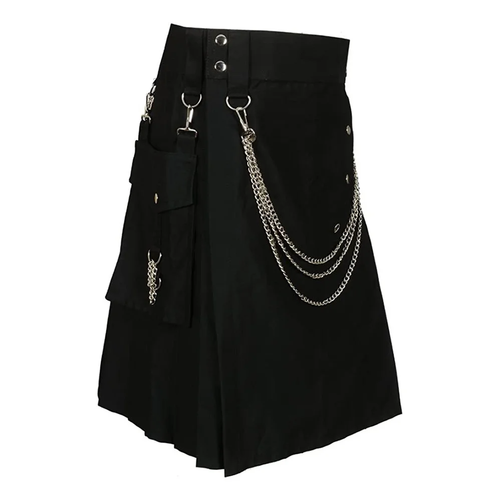 

Summer Fashion Utility Kilt with Silver Chains Black Skirt Men's Scottish Festival Skirts Punk Rock Metal Pendant Pleated Skirt