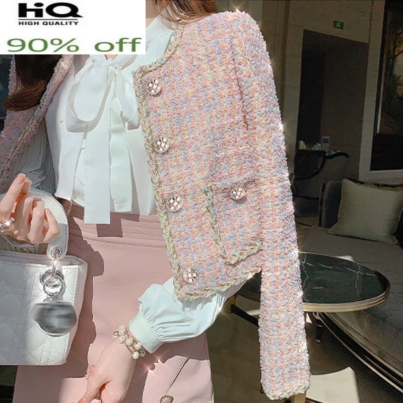 

Tweed Pink Women's Spring/Autumn New Style Elegant All-match Long Sleeve Short Outdoor Coat One-Piece