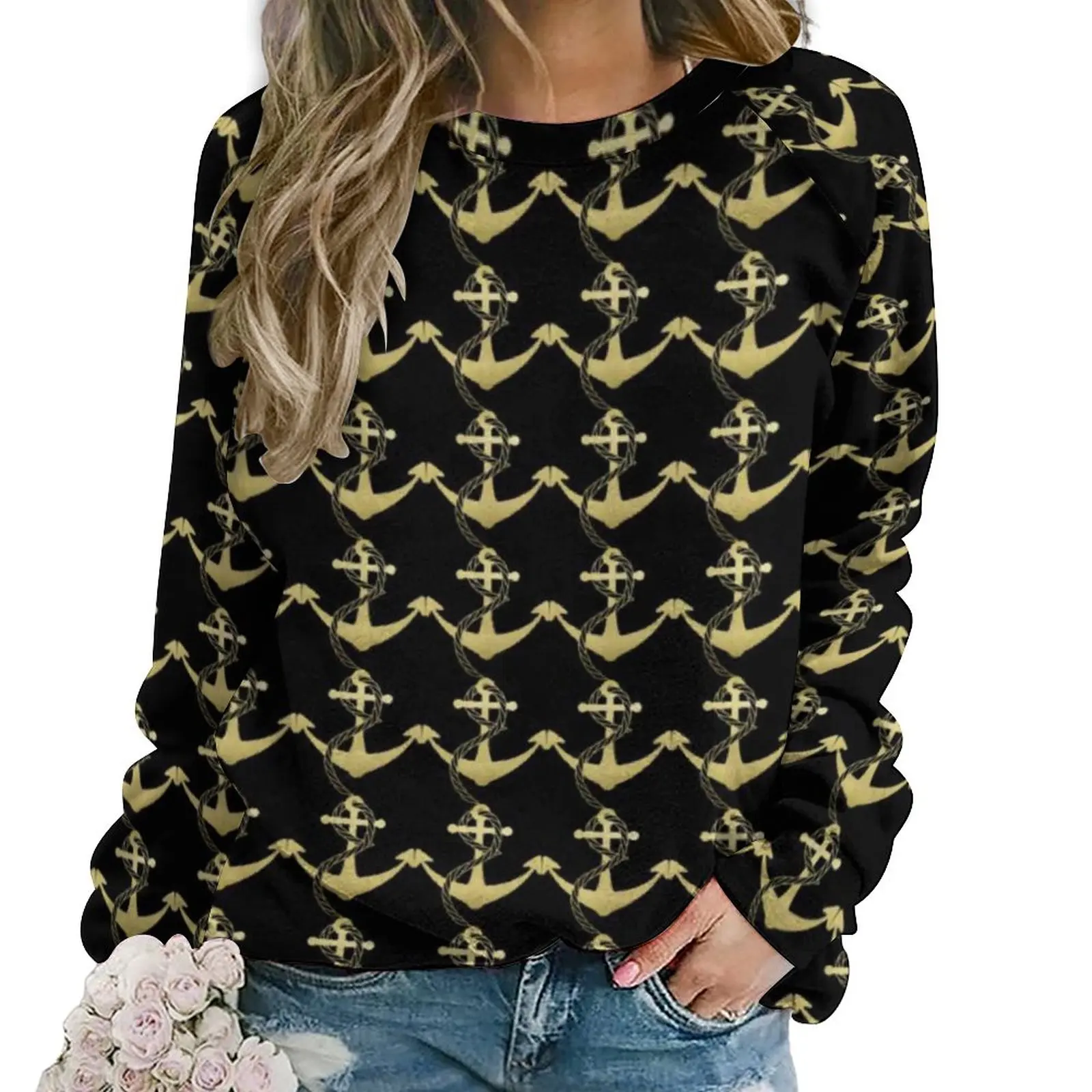 

Женская толстовка с длинным рукавом и принтом золотого якоря