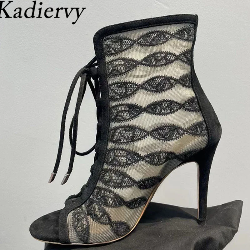 

Sexy High Heels Ankle Boots For Women Mesh Embroidery Summer Boots Runway Shoes Peep Toe Lace Up Stiletto Short Boots Woman