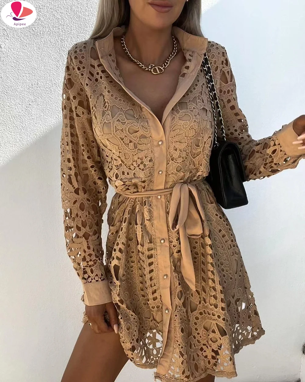 

Sexy Women Lace Hollow Out Shirt Dress of Femmer Turn-down Collar Soid Party Dress Vintage Office Lady Ruffle Beach Dresses Robe