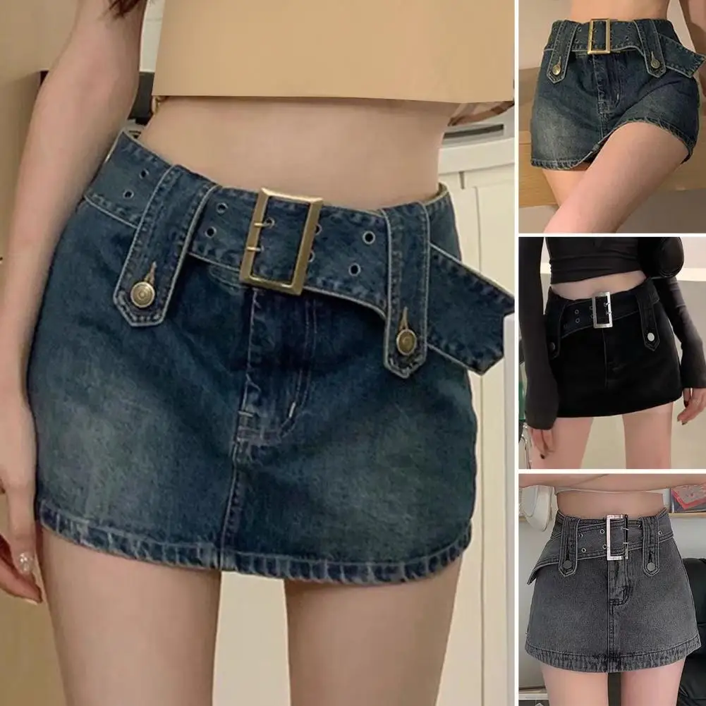 

Zipper Fly Slim Mini Skort with Belt Fake Two Pieces High Waist Denim Skirt Streetwear