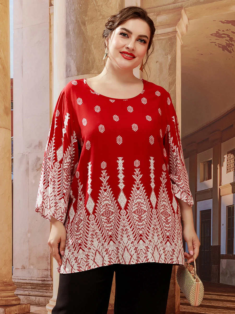 

5XL Plus Size Ladies T Shirts 2022 Summer Women Long Sleeve Geometric Print Casual Blouse Shirt Loose Oversized Tops