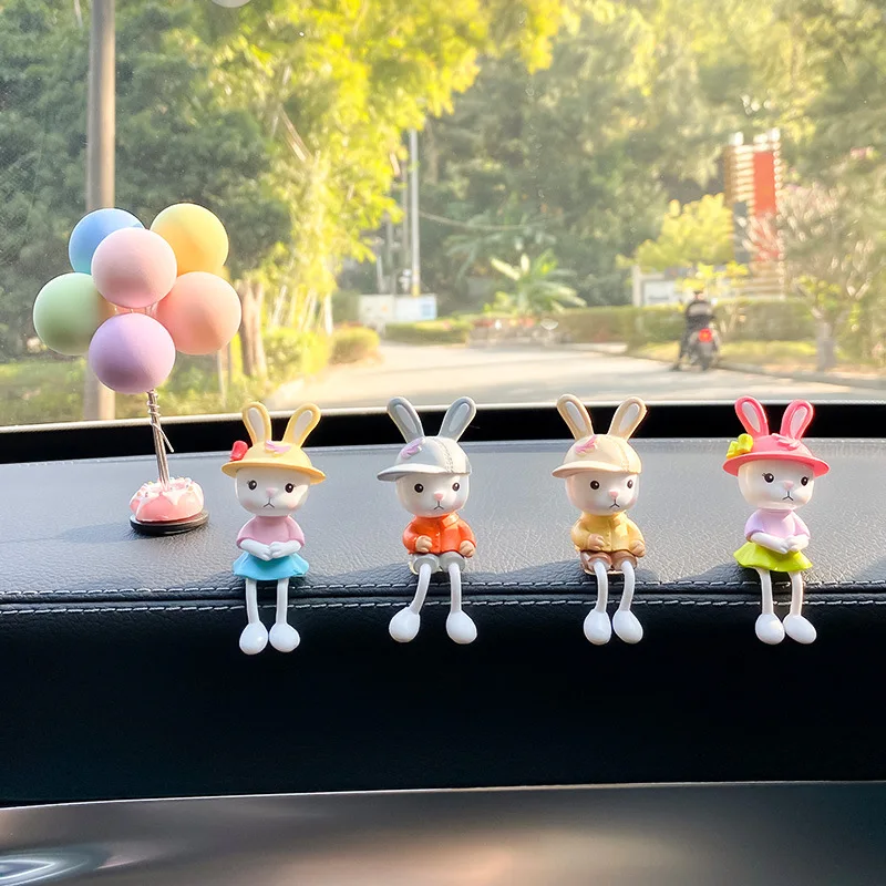 

4PCS Resin Creative Car Accessories Cartoon Cute Lovers Hanging Feet Doll Auto Decoration Wearing Hat Rabbit Toy Couple Gifts