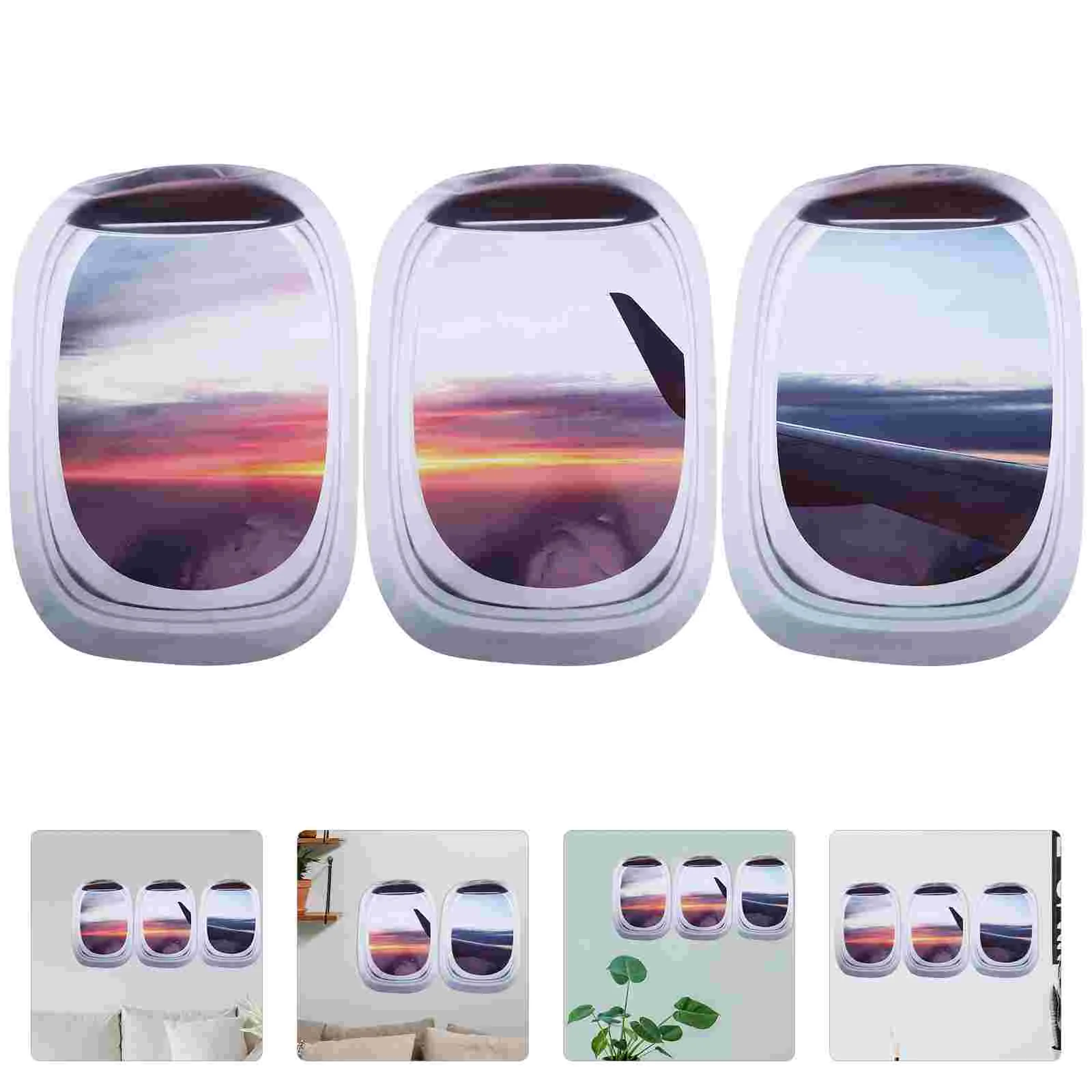

3pcs Creative Simulated Airplane Window Sticker Decorative Home Use Wall Decal Landscape Sticker Fake