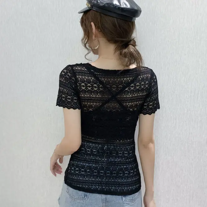 V-neck Lace Shirt Undershirt Woman 2022 New Fashion Ocean Outfit Wearing Short Sleeves Blouse Top Women Shirts images - 6