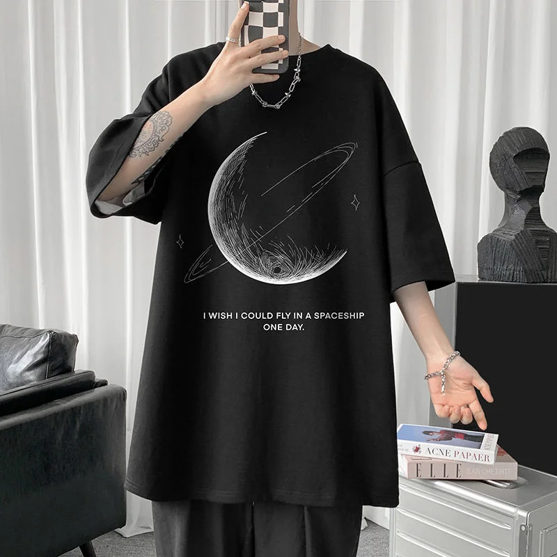 

Simple Stroke Moon Graphic Men Tshirt Oversize Letter Print Short Sleeve T-shirt Cotton Male Streetwear Unisex Basic Tops