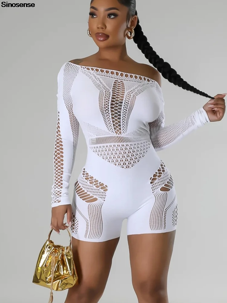 Женский облегающий комбинезон с открытыми плечами и длинными рукавами