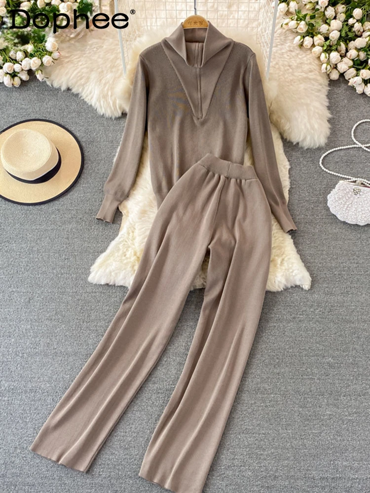 

Retro Solid Suit Women Turtleneck Sweater Top Two Piece Set High Waist Straight Wide Leg Pants 2022 Autumn New Tide