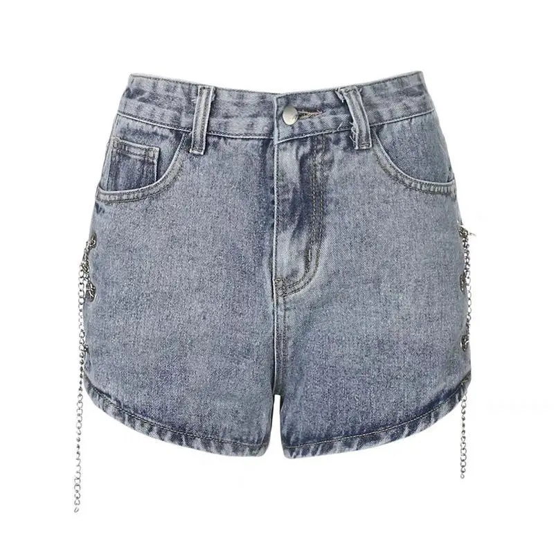 European And American Sexy Hot Girl Style Chain Denim Shorts With Split Ends And High Waist Trend