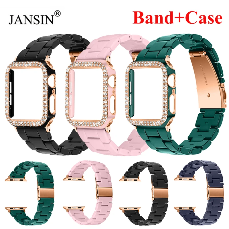 

Resin Strap For Apple Watch Band 44mm 40mm Diamond Cover Case+Bracelet band For Appe watch strap 38mm 42mm SE 6 5 4 3 2 Correa